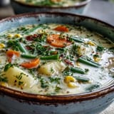 Creamy Amish Snow Day Soup with vegetables and herbs served in a rustic bowl.