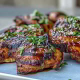Tender Honey Sriracha Grilled Chicken Thighs served with fresh cilantro and sesame seeds, perfect for summer cookouts.  