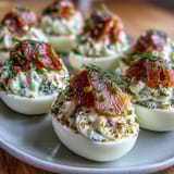 Deviled eggs filled with smoked salmon and chive-infused yolk, finished with a sprinkle of everything bagel seasoning for bold flavor.