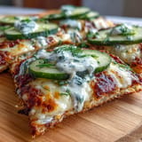 Golden Pickle Pizza Flatbread topped with creamy garlic ranch sauce.