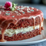 A festive Rosé Velvet Cake, stunningly frosted and elegantly draped with gold.