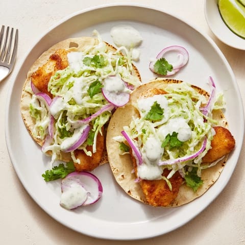Freshly assembled Fish Tacos featuring grilled fish fillets, vibrant lime wedges, and chopped cilantro garnish.