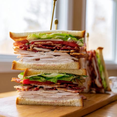 Freshly prepared Turkey Club Sandwich cut into quarters, revealing layers of turkey and creamy mayonnaise.