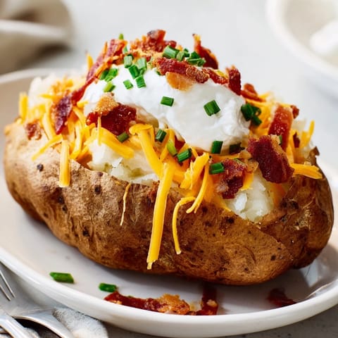 A perfectly baked Loaded Baked Potato with fluffy interior, buttery richness, and savory toppings, ready to serve as a hearty side dish.