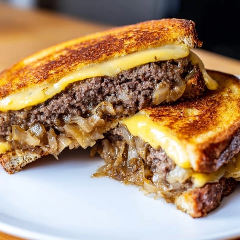 Patty Melt sandwich cut in half, showing juicy beef patty and gooey cheese pull.