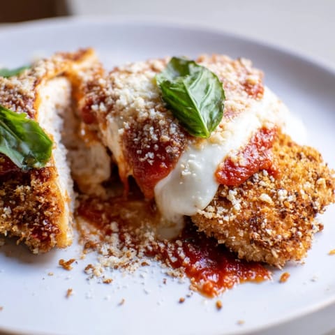 Crispy Chicken Parmesan fresh from the oven, bubbling with cheese and bright tomato sauce on a pasta plate.