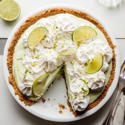 A chilled Key Lime Pie slice features a creamy, bright green filling and a golden graham cracker crust. The tart dessert is elegantly topped with fluffy whipped cream and fresh lime zest.