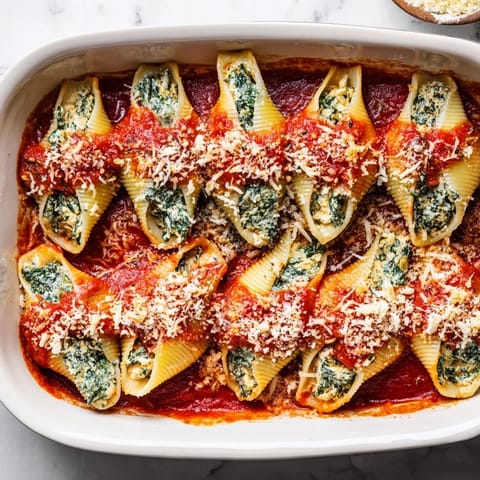 Tender jumbo pasta shells filled with creamy ricotta and spinach, served hot from the oven on a rustic table.