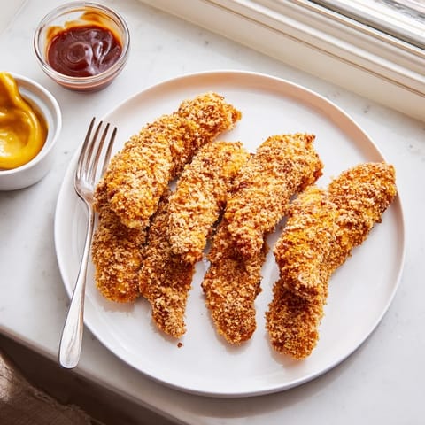 Perfectly breaded Chicken Tenders resting on a napkin, ready for dipping into honey-mustard sauce.