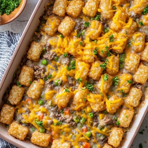 Hearty Tater Tot Casserole fresh from the oven with melted cheddar cheese and a side salad. 