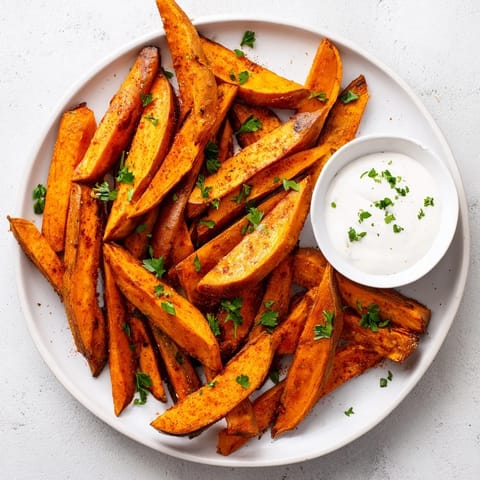 Golden-brown Sweet Potato Fries, crispy on the edges and tender inside, served hot from the oven with a side of aioli.