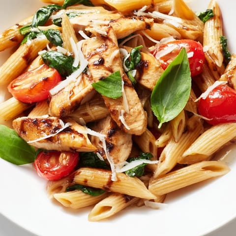 Shiny Balsamic Glazed Chicken Pasta with juicy chicken, cherry tomatoes, and fresh spinach in a rich, glossy sauce.