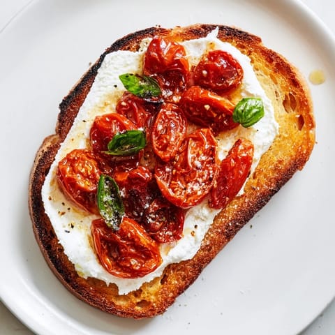 Tomato Ricotta Toast with warm roasted tomatoes on ricotta spread, drizzled with olive oil and served as a bright brunch snack.  