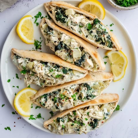 Fluffy pita pockets stuffed with creamy spinach, artichoke, and tender chicken, melted mozzarella, and Parmesan cheese.