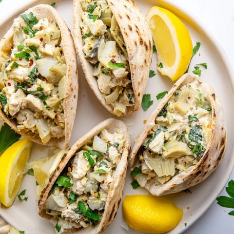 Golden baked spinach artichoke chicken stuffed pita served with lemon wedges and fresh parsley garnish.