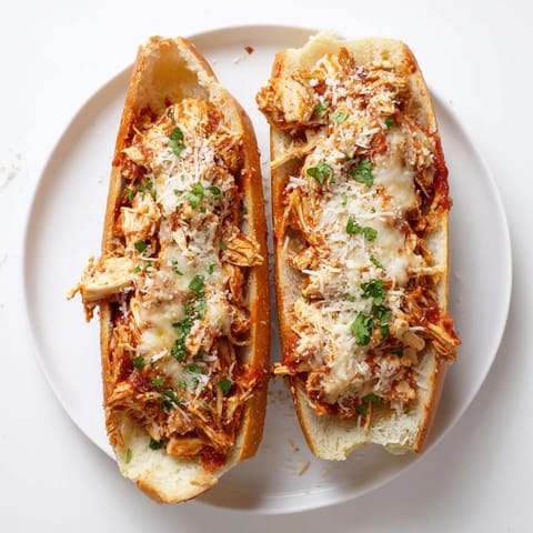 Freshly baked Chicken Parm Stuffed Garlic Bread showcases bubbling cheese and rich marinara on toasted baguette halves.  