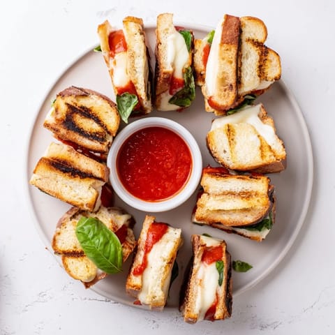 Close-up of crispy Caprese Grilled Cheese Dippers on a plate, showcasing gooey cheese pull and vibrant tomato slices for an appetizer.