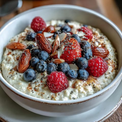 Warm spiced millet porridge topped generously with fresh mixed berries for breakfast.