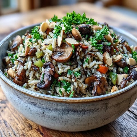 Close-up of nutty wild rice and mushroom pilaf, perfect with fresh parsley for dinner.