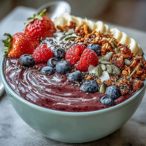 FROZEN acai berry smoothie bowl, bursting with fresh fruit and crunchy granola toppings.