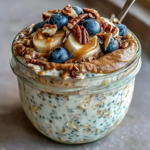 Delicious overnight oats with chia seeds, ready to enjoy after a simple night's rest.