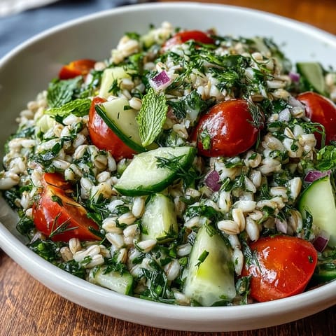 Hearty barley and herb salad piled high, ready for a summer picnic.