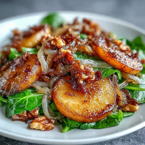 A close-up of golden apples, red onion, and sauerkraut in a skillet, garnished with walnuts and parsley for a cozy side dish.  