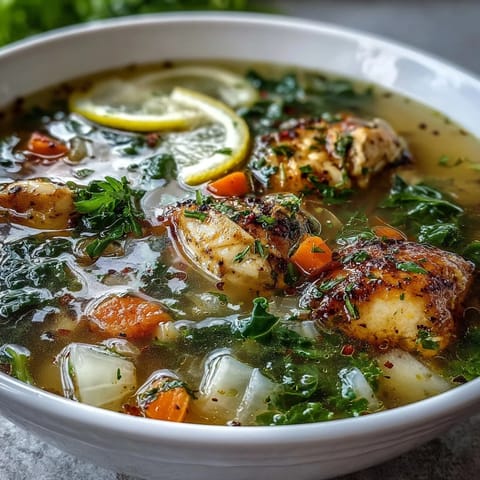 A close-up view of golden High Protein Lemon and Turmeric Chicken Soup in a rustic ceramic bowl, featuring tender chicken pieces, vibrant baby kale, and a steaming, aromatic broth.  