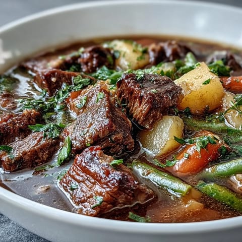 Hearty Beef and Vegetable Soup simmers in a rustic pot, featuring tender beef, carrots, and potatoes in a rich, savory broth.