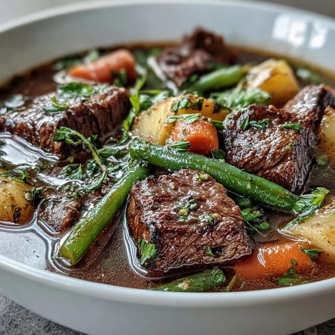 Perfectly ladled Beef and Vegetable Soup into a bowl, garnished with fresh parsley and served alongside crusty bread for dipping.