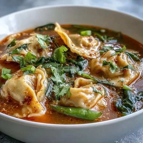 The hot bowl of Red Curry Wonton Soup with Greens features tender wontons swimming in an aromatic, creamy broth alongside fresh snow peas and spinach.  