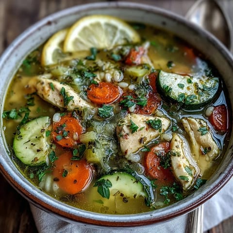 Close-up of Soothing Turmeric Chicken With Pearl Barley, revealing diced carrots, celery, and plump pearl barley in a creamy turmeric broth.