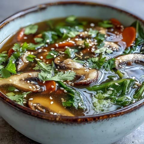 Miso Ginger Winter Soup in a rustic bowl with fresh ginger and sesame seeds.  