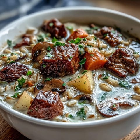 Steaming bowl of Vegetable Beef, Barley, and Mushroom Soup, garnished with fresh parsley and served with crusty bread on the side.
