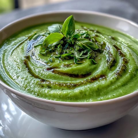 A creamy bowl of Courgette, Pea and Pesto Soup garnished with basil and served alongside a slice of crusty artisan bread.