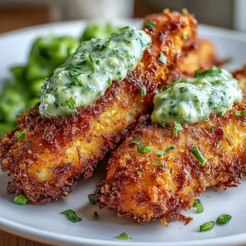Crisp Panko-coated Haddock Goujons With Parmesan Crust resting on mixed greens, showcasing their crunchy golden texture next to creamy pea pesto.
