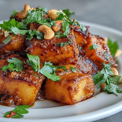 Colorful bowl of Curried Celeriac served beside fluffy basmati rice and warm naan bread.