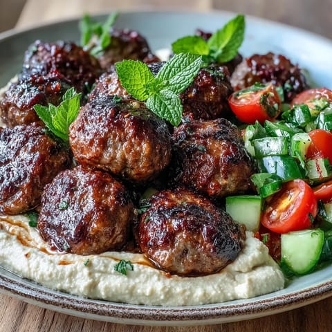 Savory Venison Meatballs with Spiced Salad and Hummus on a plate, garnished with fresh herbs and lemon.