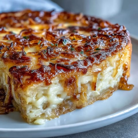 Fresh chives garnish a slice of hearty Cheese and Potato Pie, served hot alongside a crisp green salad.