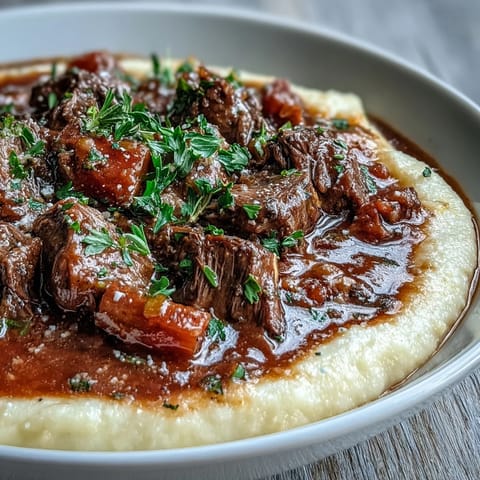 A hearty plate of Venison Stew with Sloe Gin and Polenta served on a wooden table.
