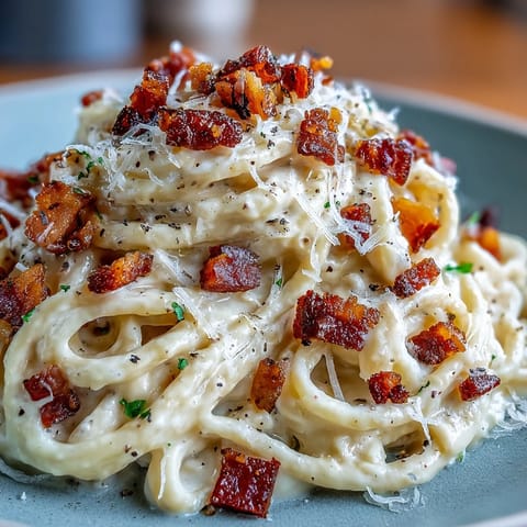 Spiralised Celeriac Carbonara tossed in a rich egg sauce, topped with golden pancetta bits.