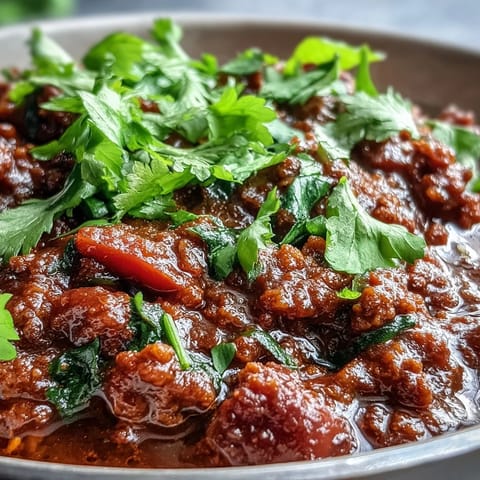 Spoonful of savory Venison Keema Curry served over fluffy basmati rice with lemon wedge.