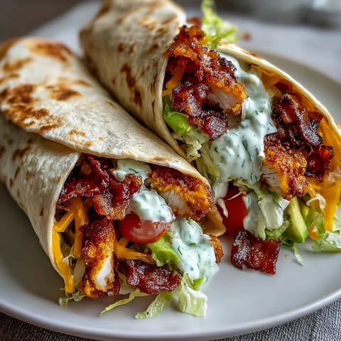 Golden-brown, crispy chicken bacon wrap sliced in half on a wooden board, revealing layers of shredded cheddar, fresh lettuce, diced tomato, and creamy avocado.