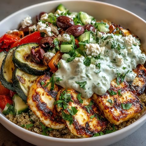 Healthy Grilled Mediterranean Bowl with charred zucchini, bell peppers, and eggplant, topped with feta and tzatziki on a plate.