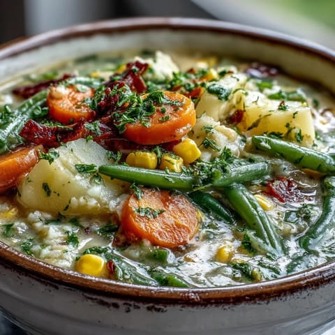 A warm bowl of Amish Snow Day Soup garnished with parsley, ready for lunch.