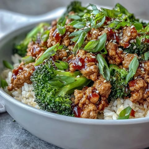 Forkful of Sweet and Spicy Turkey Broccoli Bowl with fluffy brown rice and bright sesame garnish.