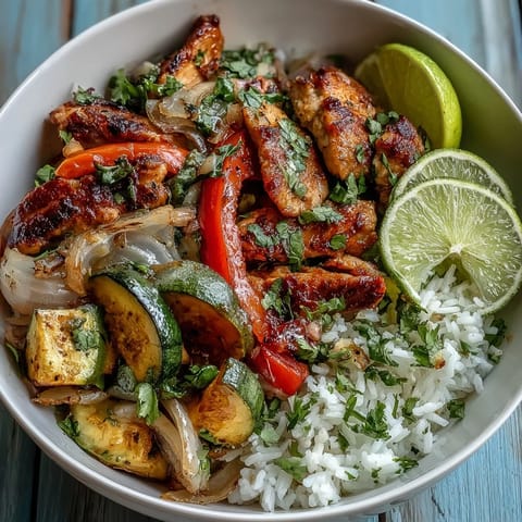 Golden-brown roasted chicken strips and colorful bell peppers for Sheet Pan Fajita Bowls are ready to serve over fluffy rice.