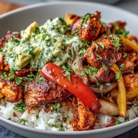 Roasted chicken and bell peppers for Sheet Pan Chicken Tinga Bowl, with fluffy rice and zesty avocado salsa.