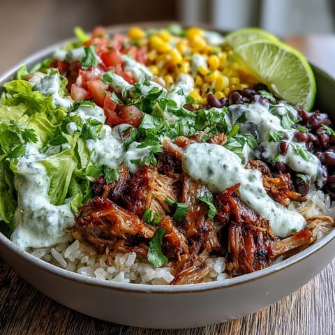 Carnitas Burrito Bowl layered with fluffy rice, black beans, and corn, drizzled with tangy lime crema.