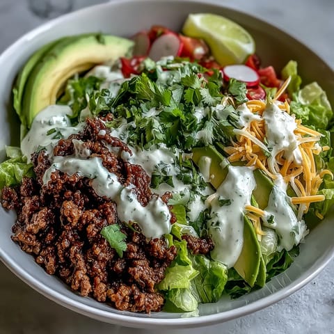 Seasoned ground beef, fresh veggies, and lime yogurt crema in a vibrant Healthy Taco Bowl.